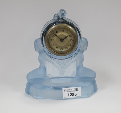 Lot 1285 - Art Deco Blue Glass Cased Mantle Clock...