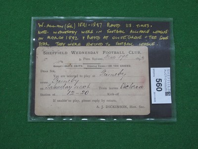Lot 560 - 1892 Sheffield Wednesday Player Invitation...