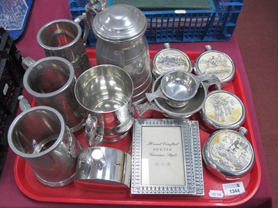 Lot 1344 - Pewter whiskey flasks, pewter photo frames,...