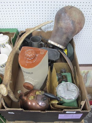 Lot 1205 - Kitchen Scales, stoneware bed warmer, mincer,...