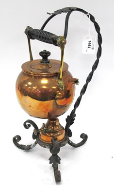 Lot 1464 - Copper spirit kettle on ornate iron stand,...