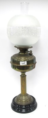 Lot 1477 - Vintage Brass Oil Lamp, with glass chimney and...
