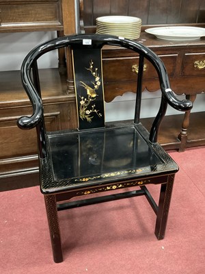 Lot 1650 - Chinese Horse Shoe Shaped Black Lacquer Chair,...