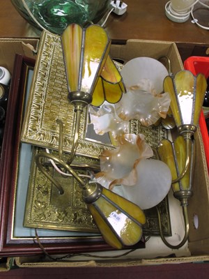 Lot 1066 - Yellow Leaded Glass Wall Lights, mounted on...