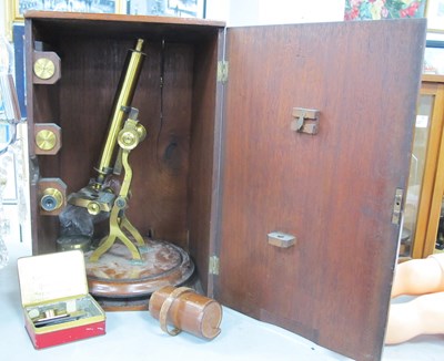 Lot 1486 - Victorian Brass Microscope, with extra lenses,...