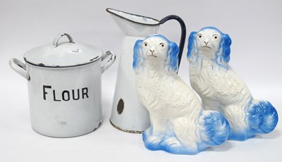 Lot 1504 - Enamelled Flour Bin and Jug, a pair of pottery...