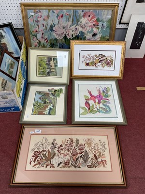 Lot 1565 - Embroidered Pictures, panels and tray, 41cm x...