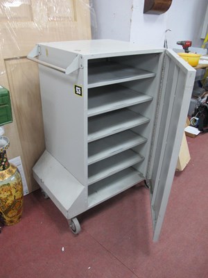 Lot 1545 - A gray painted metal storage trolley with five...