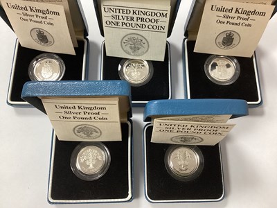 Lot 119 - Five Royal Mint Silver Proof £1 Coins,...
