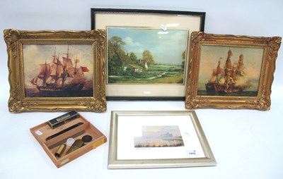 Lot 1470 - Four Coloured Prints, Comoy Brass No 5 lighter,...