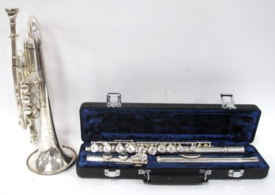 Lot 1359 - A Silvered Metal Flute, cased; A Besson and Co....