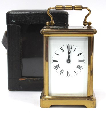 Lot 1340 - A XX Century Brass Carriage Clock, the white...