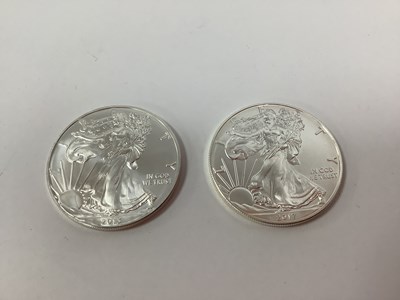 Lot 62 - Two USA One Ounce Fine Silver Dollars, 2013...