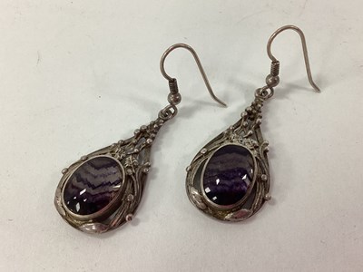 Lot 162 - A Pair of Blue John Inset Drop Earrings, oval...