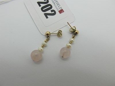 Lot 202 - A Pair of Modern Rose Quartz and Pearl Drop...