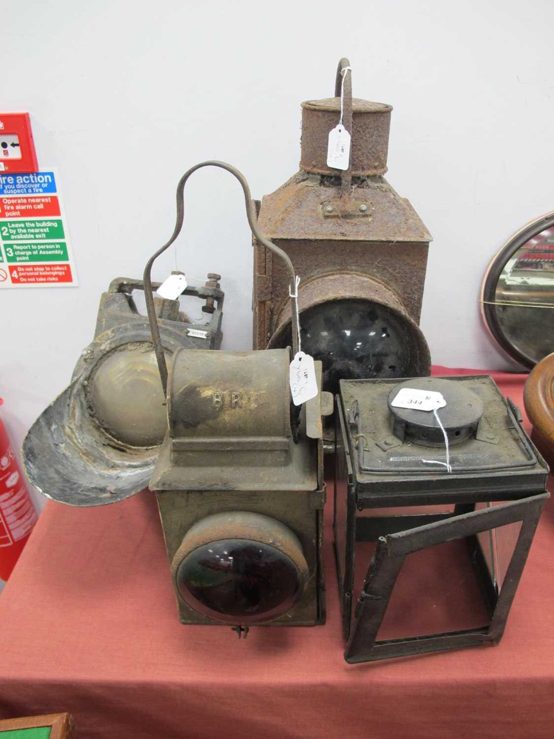 Lot 344 - Four Railway Lights/Lamps, in poor condition,...