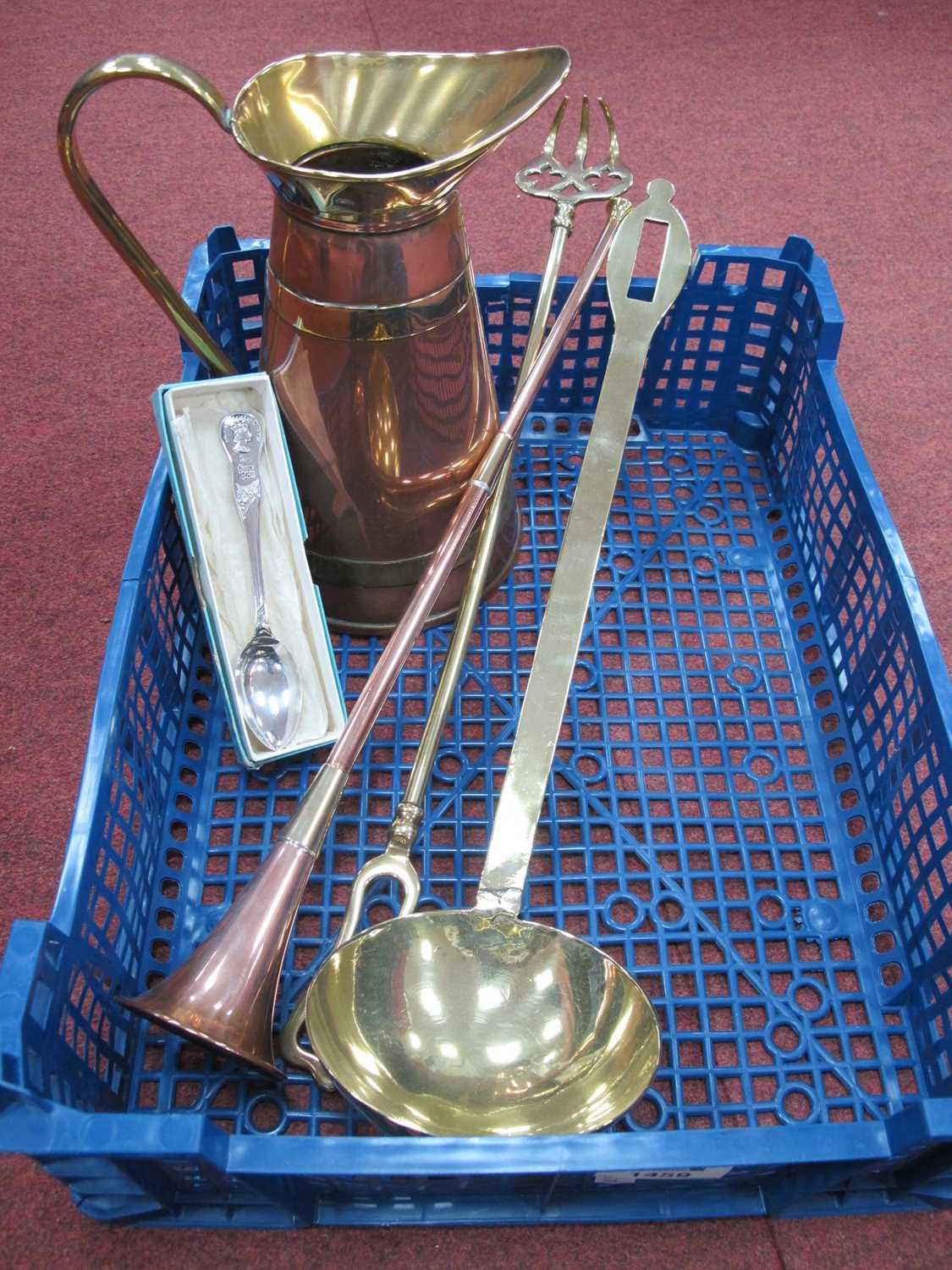 Lot 1459 - Copper and Brass Jug. brass ladle and toasting...