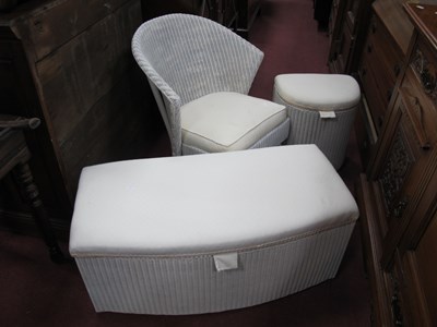 Lot 1609 - White Basketwork Ottoman, chair and linen box,...