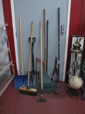 Lot 1153 - Garden Tools, rakes, brushes, spade etc.