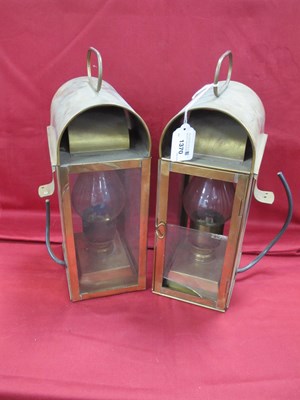 Lot 1370 - Pair of Brass Arch Framed Carry Lamps, each...