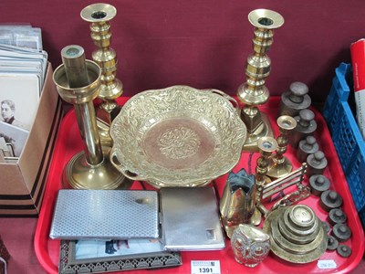 Lot 1391 - XIX Century Brass Candlesticks, brass weight,...