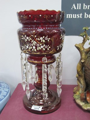 Lot 1219 - Victorian red ruby glass lustre with faceted...