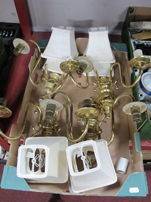 Lot 1085 - Four Twin Branch Brass Wall Lights, with...