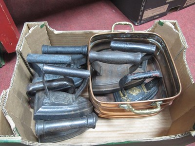 Lot 1036 - XIX Century flat irons, copper pan etc. One box